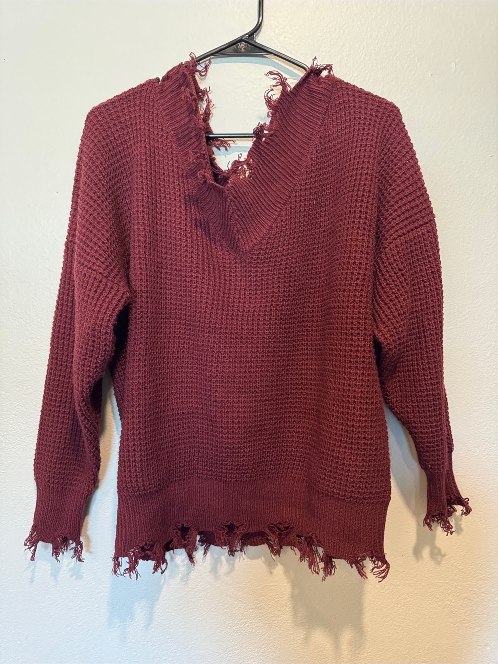 Zenana Outfitters Distressed V-Neck Sweater in Wine